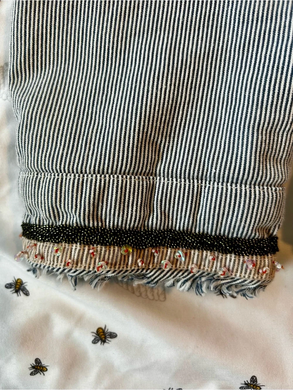 Free People “My Fair Lady” Blue Pinstripe Jacket with Pumpkin Embroidered Trim